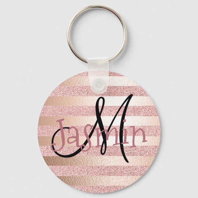 Rose Gold Faux Glitter& Rose Gold Foil Stripes Keychain (Front)