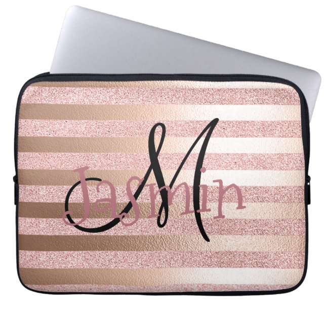 Rose Gold Faux Glitter& Rose Gold Foil Stripes Laptop Sleeve (Front)