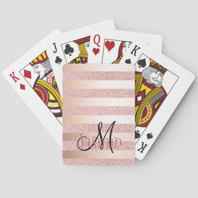 Rose Gold Faux Glitter& Rose Gold Foil Stripes Playing Cards (Back)