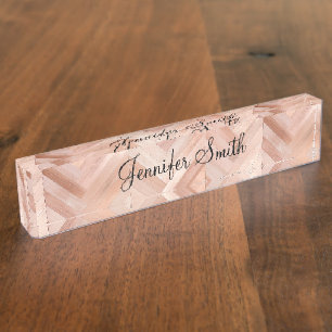 Rose Gold Faux Herringbone Wood Pattern Nameplate
