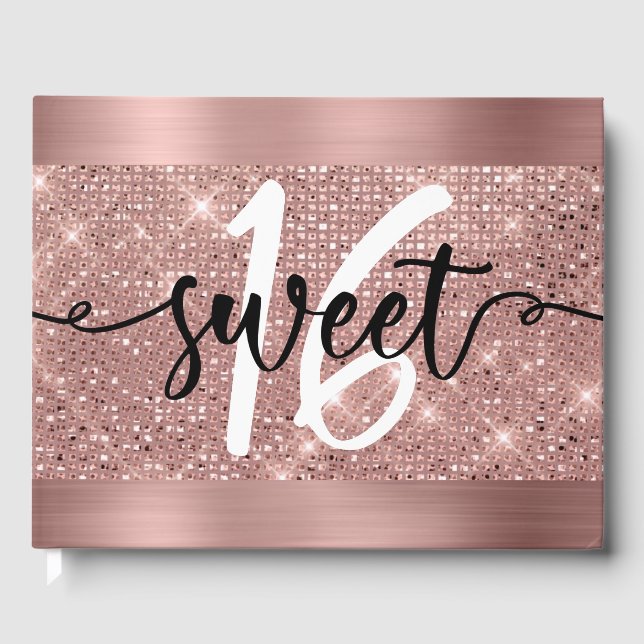 Rose Gold Faux Shimmer & Foil Sweet 16 Guest Book (Front)