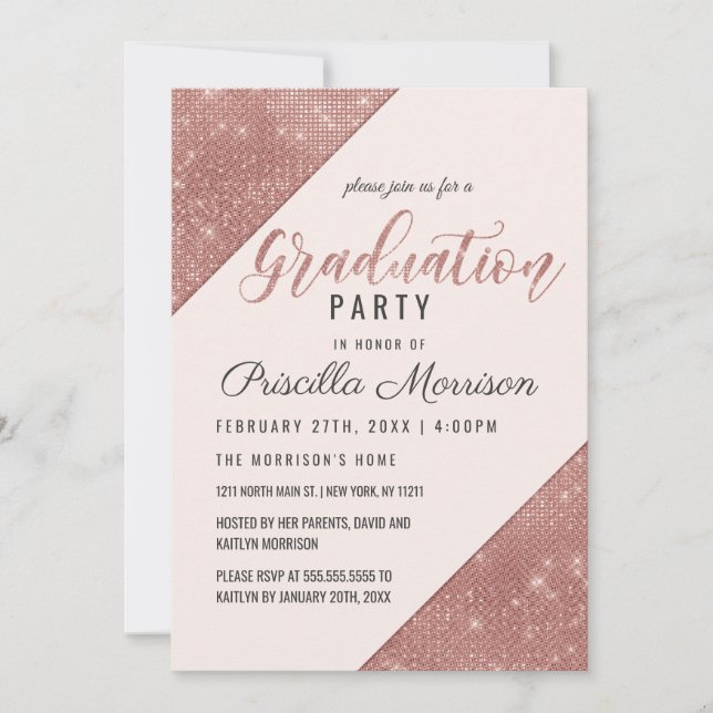 Rose Gold Faux Sparkling Glitter Sequin Graduation Invitation (Front)
