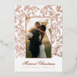 Rose Gold Fine Filigree Married Christmas Foil Holiday Card<br><div class="desc">Send merry wishes of the season and share your happy news with family and friends on this wedding themed Christmas card. Swap the phot for your best shot from the big day and edit the name and date on the front, plus personalize the long message on the back with your...</div>
