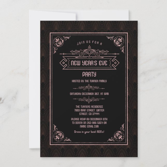 Rose Gold Fleur-de-lis Art Deco New Year Party Invitation (Front)