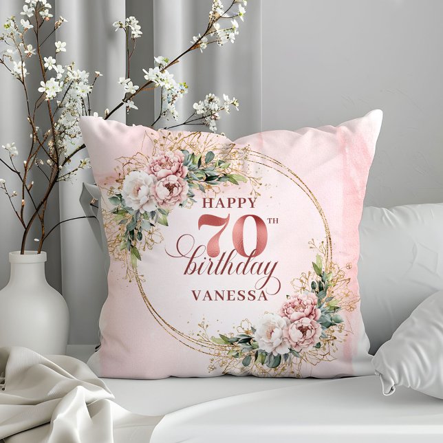 Rose Gold Fleurs Bohèmes Coussin 70e Anniversaire  (Rose Gold Bohemian Flowers Pillow 70th Birthday Pillow)