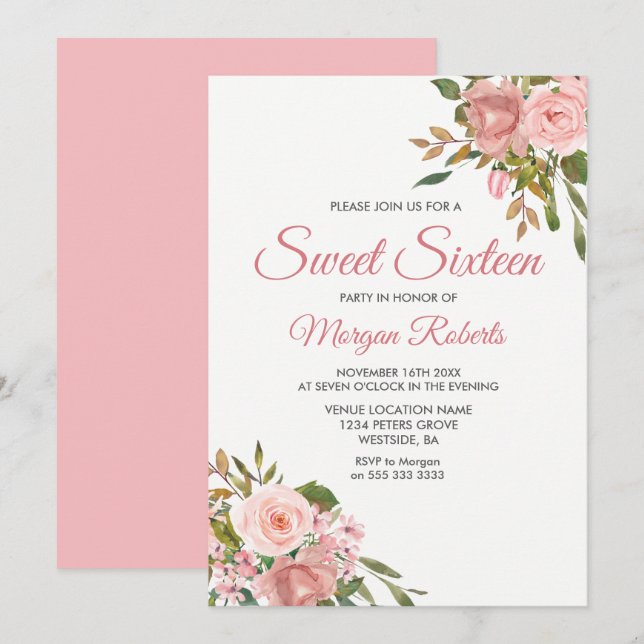 Rose Gold & Fleurs roses Douce Invitation 16 Parti (Devant / Derrière)