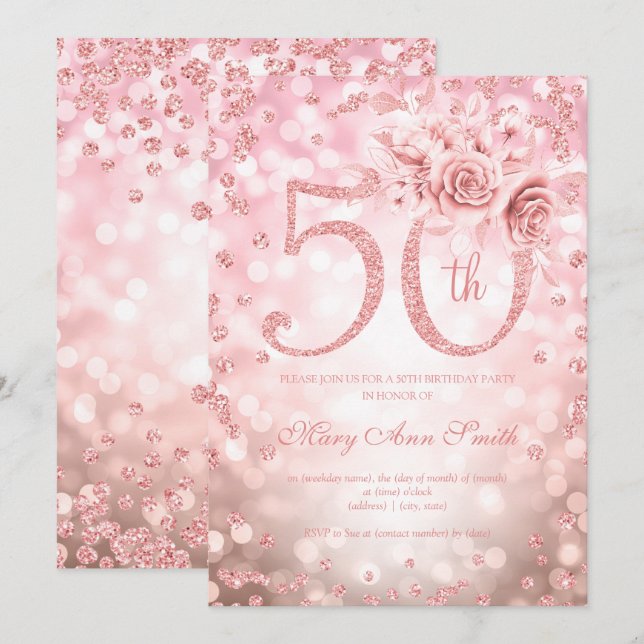 Rose Gold Floral 50th Birthday Glam Lights  Invitation (Front/Back)