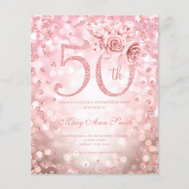 Rose Gold Floral 50th Birthday Lights Invitation  Flyer (Front)