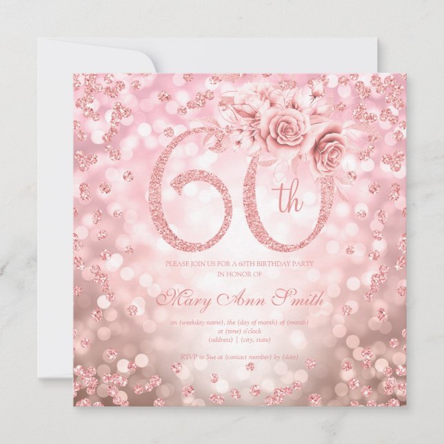Rose Gold Floral 60th Birthday Glam Lights (Front)