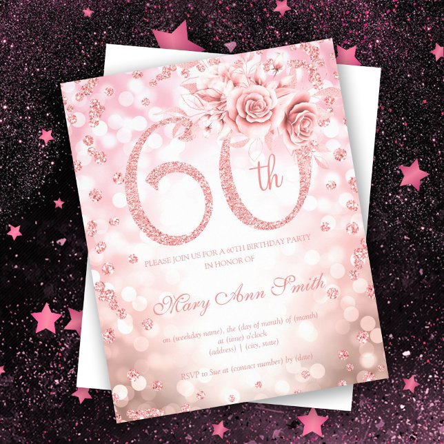 Rose Gold Floral 60th Birthday Lights Invitation Flyer (Creator Uploaded)