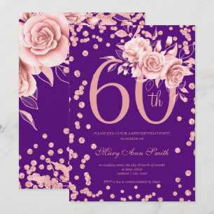 Rose Gold Floral 60th Birthday Party Purple  Invitation