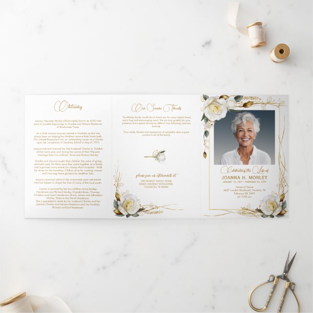 Rose & Gold Floral 6 Photo Poem Funeral Program Tri-Fold Programme (Outside)
