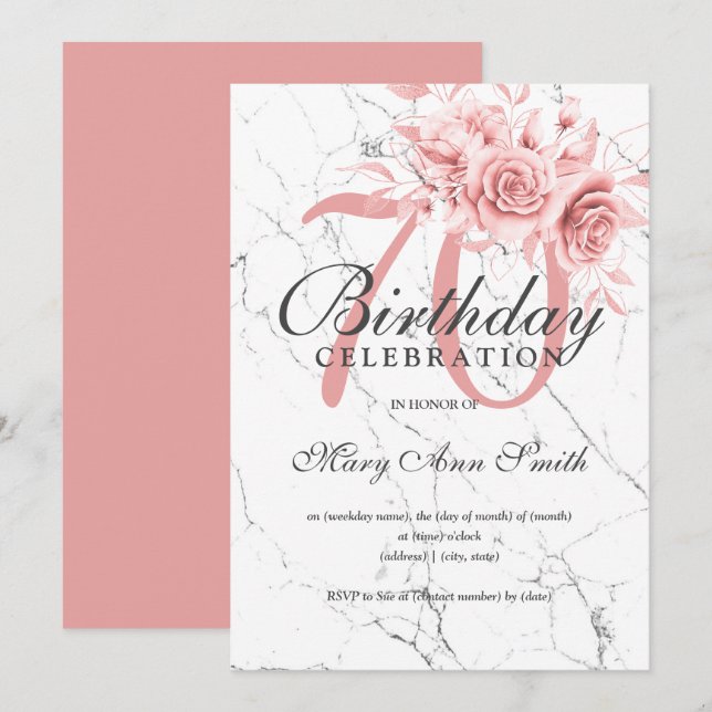 Rose Gold Floral 70th Birthday Party Marble Invitation (Front/Back)