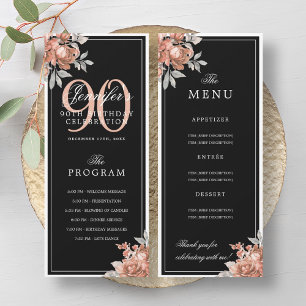 Rose Gold Floral 90th Birthday Program Menu Black