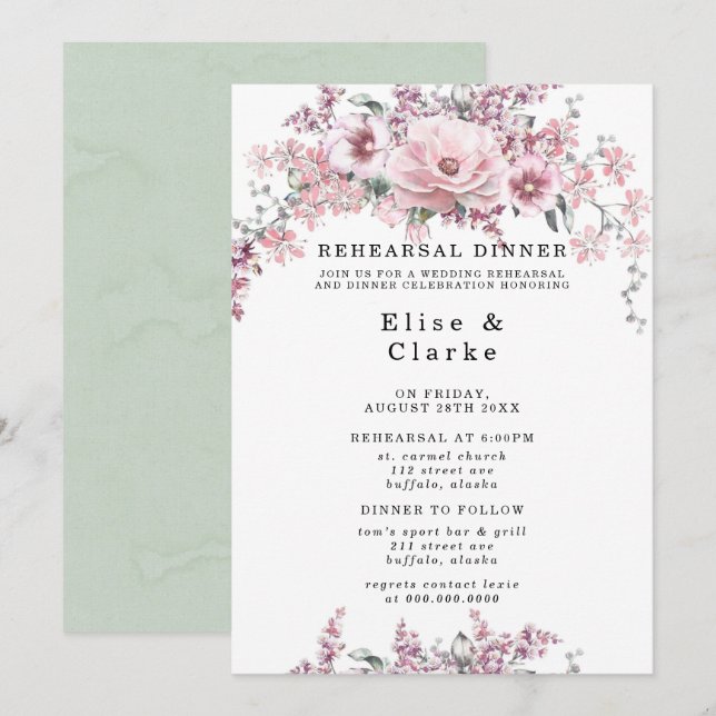 Rose Gold Floral and Eucalyptus Rehearsal Dinner Invitation (Front/Back)