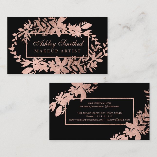 Rose gold Floral black typography leaf makeup Business Card (Front/Back)