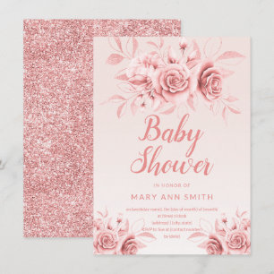 Rose Gold Floral Blush Glitter Baby Shower  Invitation
