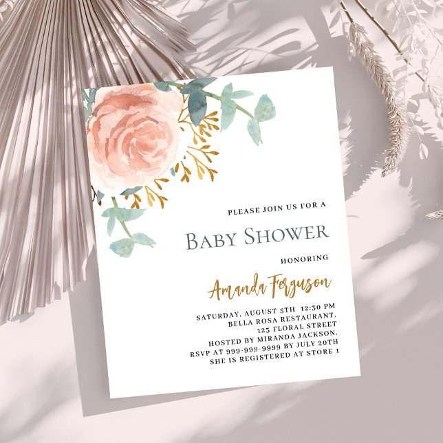 Rose gold floral budget baby shower invitation (Creator Uploaded)