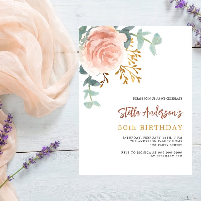 Rose gold floral budget birthday invitation (Creator Uploaded)