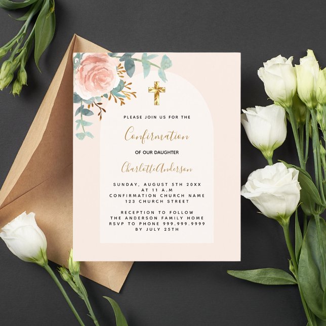 Rose gold floral budget Confirmation invitation (Creator Uploaded)