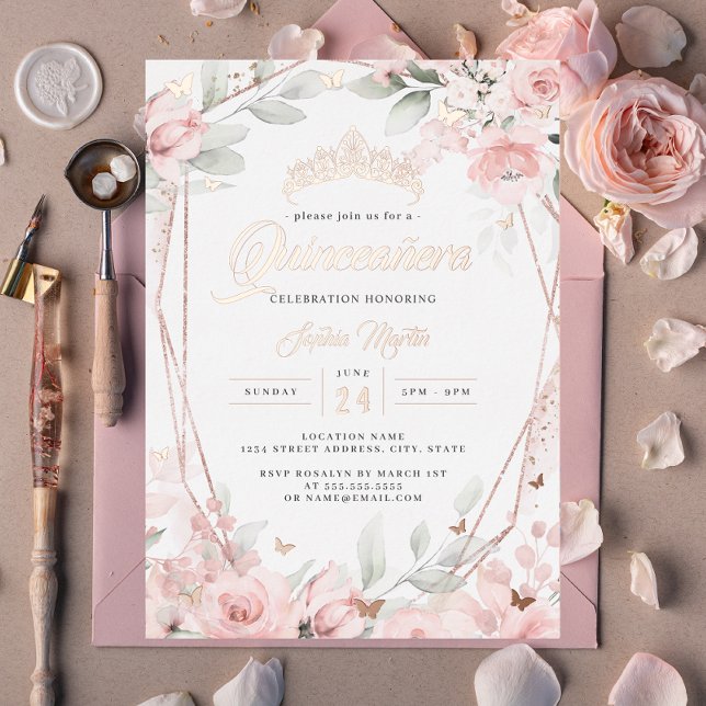 Rose Gold Floral Butterfly Pink Quinceanera  (Creator Uploaded)