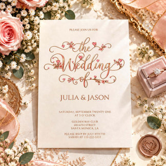 Rose Gold Floral Calligraphy Wedding Invitation