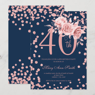 Rose Gold Floral & Confetti 40th Birthday Navy Invitation