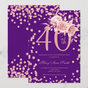Rose Gold Floral & Confetti 40th Birthday Purple  Invitation