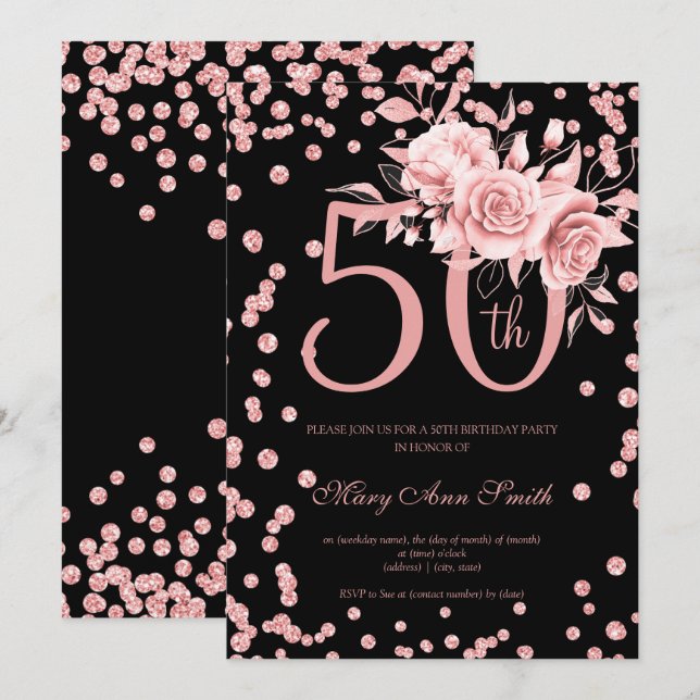 Rose Gold Floral & Confetti 50th Birthday Black  Invitation (Front/Back)