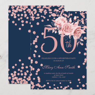 Rose Gold Floral & Confetti 50th Birthday Navy  Invitation