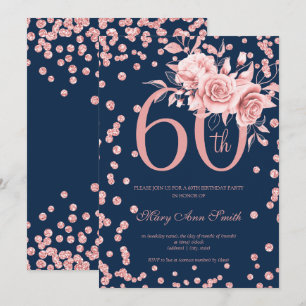 Rose Gold Floral & Confetti 60th Birthday Navy  Invitation
