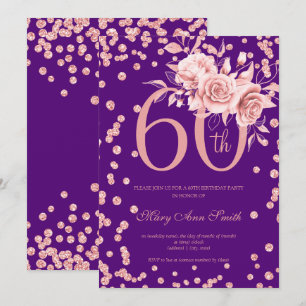 Rose Gold Floral & Confetti 60th Birthday Purple  Invitation