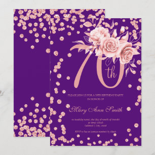 Rose Gold Floral & Confetti 70th Birthday Purple  Invitation