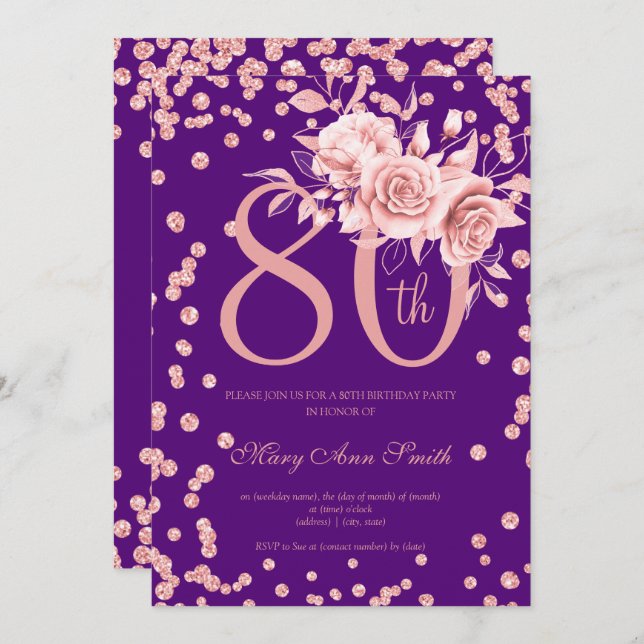 Rose Gold Floral & Confetti 80th Birthday Purple  Invitation (Front/Back)