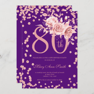 Rose Gold Floral & Confetti 80th Birthday Purple  Invitation