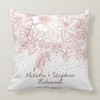 Rose gold floral doodles confetti wedding throw pillow