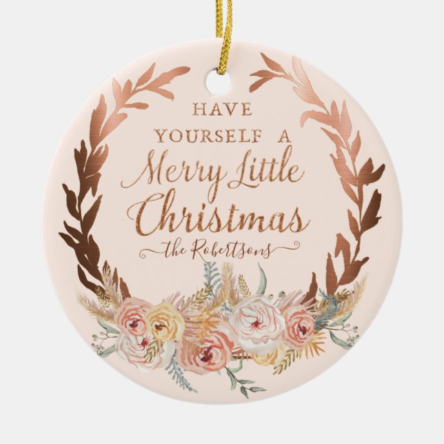 Rose Gold Floral Elegant Christmas Blush Glitter Ceramic Ornament (Front)