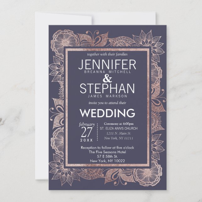 Rose Gold Floral et Navy Blue Wedding Invitations (Devant)