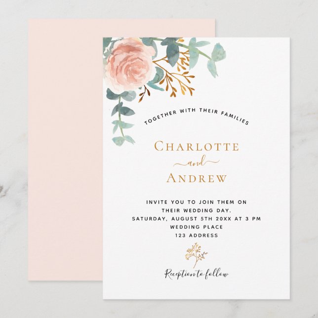 Rose gold floral eucalyptus greenery pink wedding invitation (Front/Back)