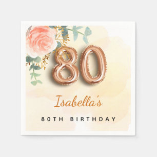 Rose gold floral eucalyptus name 80th birthday napkin