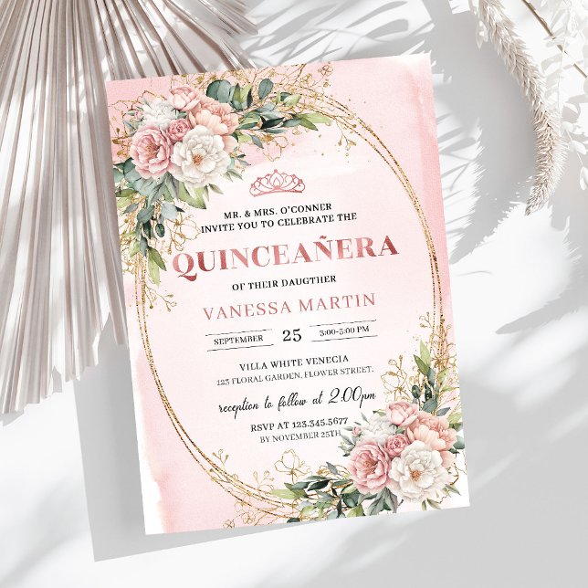 Rose Gold Floral Eucalyptus Quinceañera Invitation (Rose Gold Floral Eucalyptus Quinceañera Invitation)