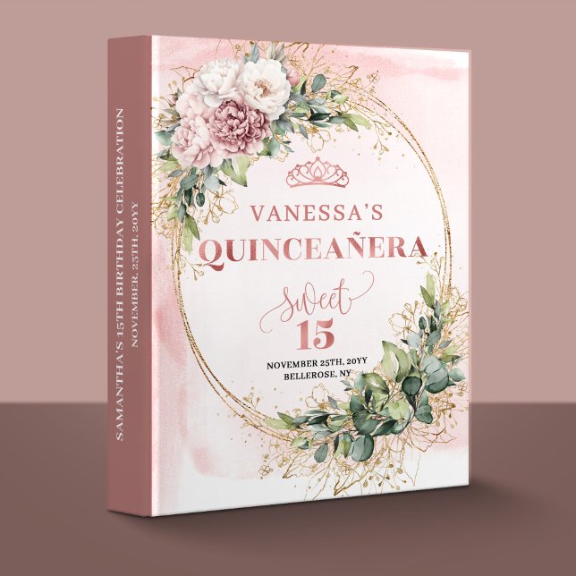 Rose Gold Floral Eucalyptus Quinceañera Memory   Binder (Quinceañera Memory Album with Rose Gold Floral Eucalyptus)