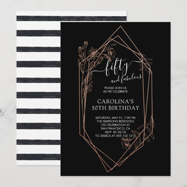 Rose Gold Floral Fifty And Fabulous 50th Birthday Invitation (Front/Back)