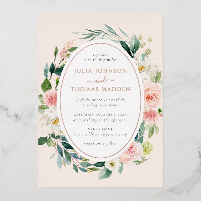 Rose Gold Floral Foliage Blush Wedding (Front)