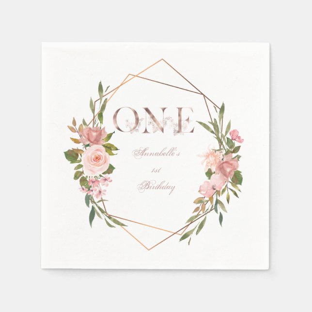 Rose Gold Floral Frame Girl's 1st Birthday Napkin (Front)