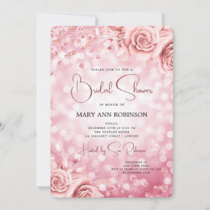Rose Gold Floral Glitter Bridal Shower Lights Invitation