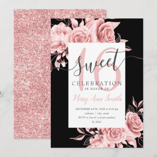 Rose Gold Floral & Glitter Sweet 16 Script Black  Invitation