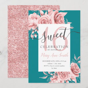 Rose Gold Floral & Glitter Sweet 16 Script Teal  Invitation