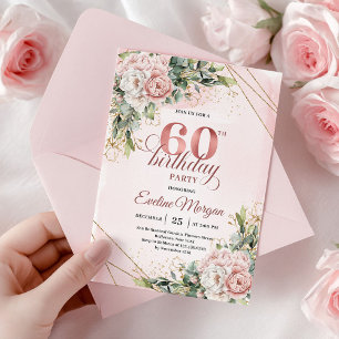 Rose Gold Floral Gold Frame 60th Birthday Invite