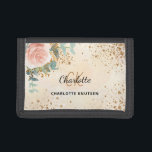 Rose gold floral gold glitter dust monogram trifold wallet<br><div class="desc">A golden watercolored background. Decorated with a rose gold,  blush pink watercolored floral,  rose,  eucalyptus greenery and golden sprigs. Personalize and add your first name,  monogram initials and full name. The name is written with a hand lettered style script.</div>